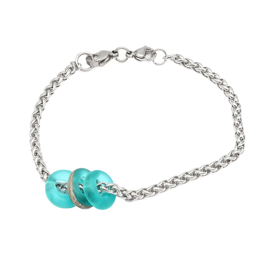 Bracelet with 3 Frosted Teal Transparent Glass Beads