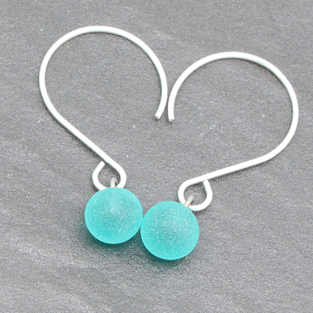 Frosted Teal Tiny Ball Silver Hoop Earrings
