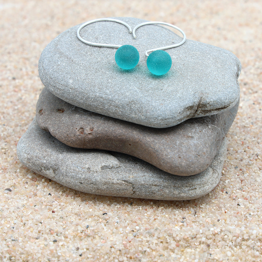 Frosted Teal Tiny Ball Silver Hoop Earrings