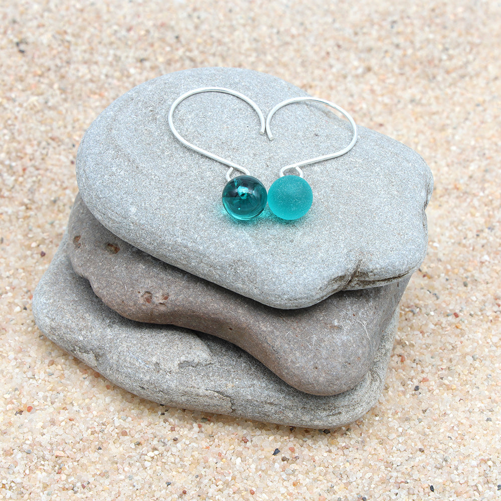 Shiny Teal Tiny Ball Silver Hoop Earrings