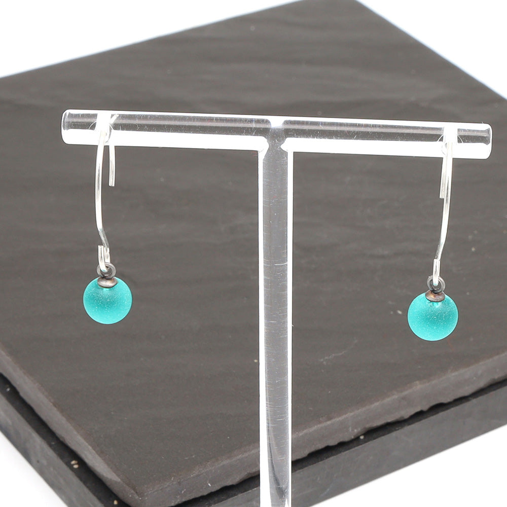 Frosted Teal Tiny Ball Silver Hoop Earrings