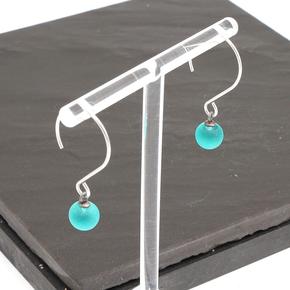 Frosted Teal Tiny Ball Silver Hoop Earrings