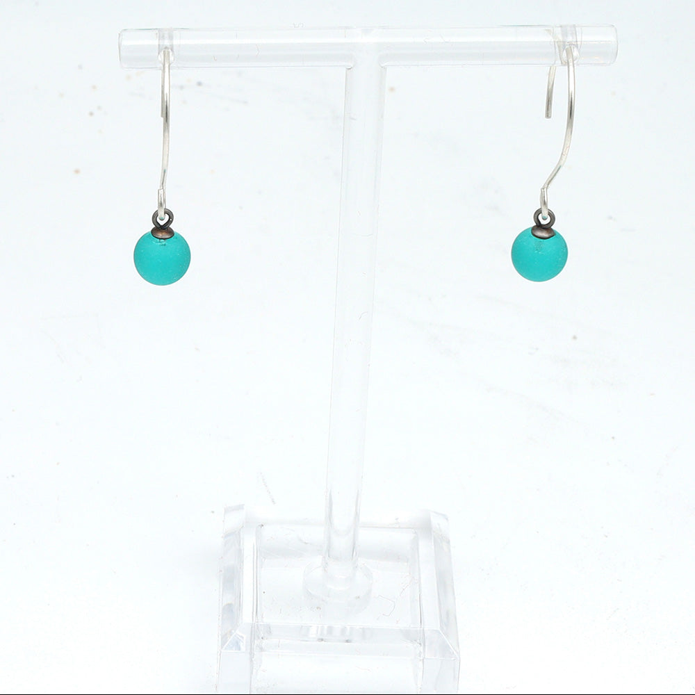 Frosted Teal Tiny Ball Silver Hoop Earrings