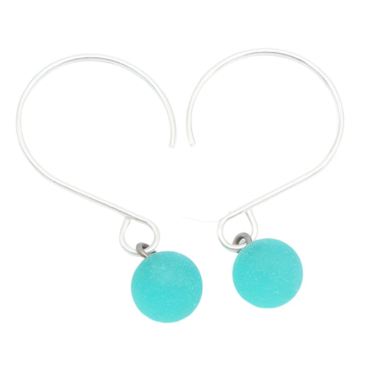 Frosted Teal Tiny Ball Silver Hoop Earrings