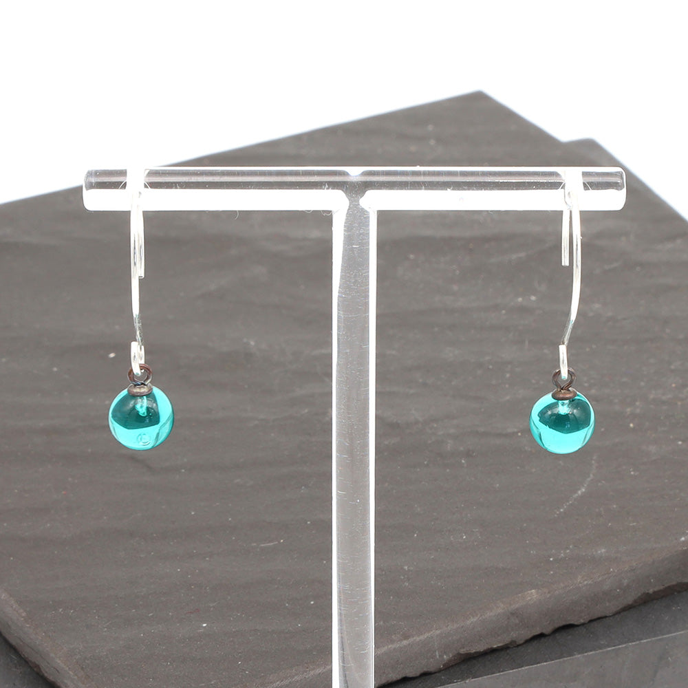 Shiny Teal Tiny Ball Silver Hoop Earrings