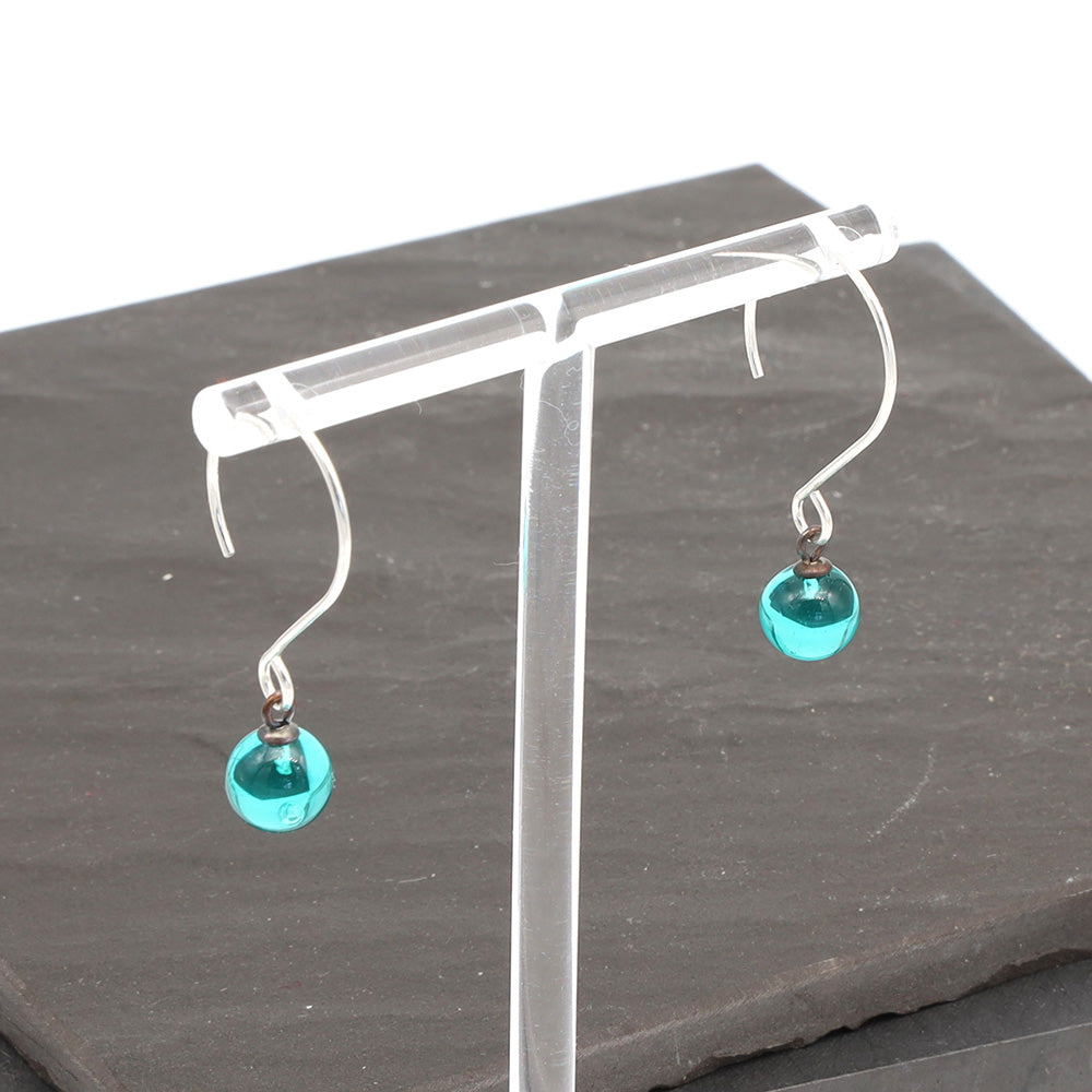 Shiny Teal Tiny Ball Silver Hoop Earrings
