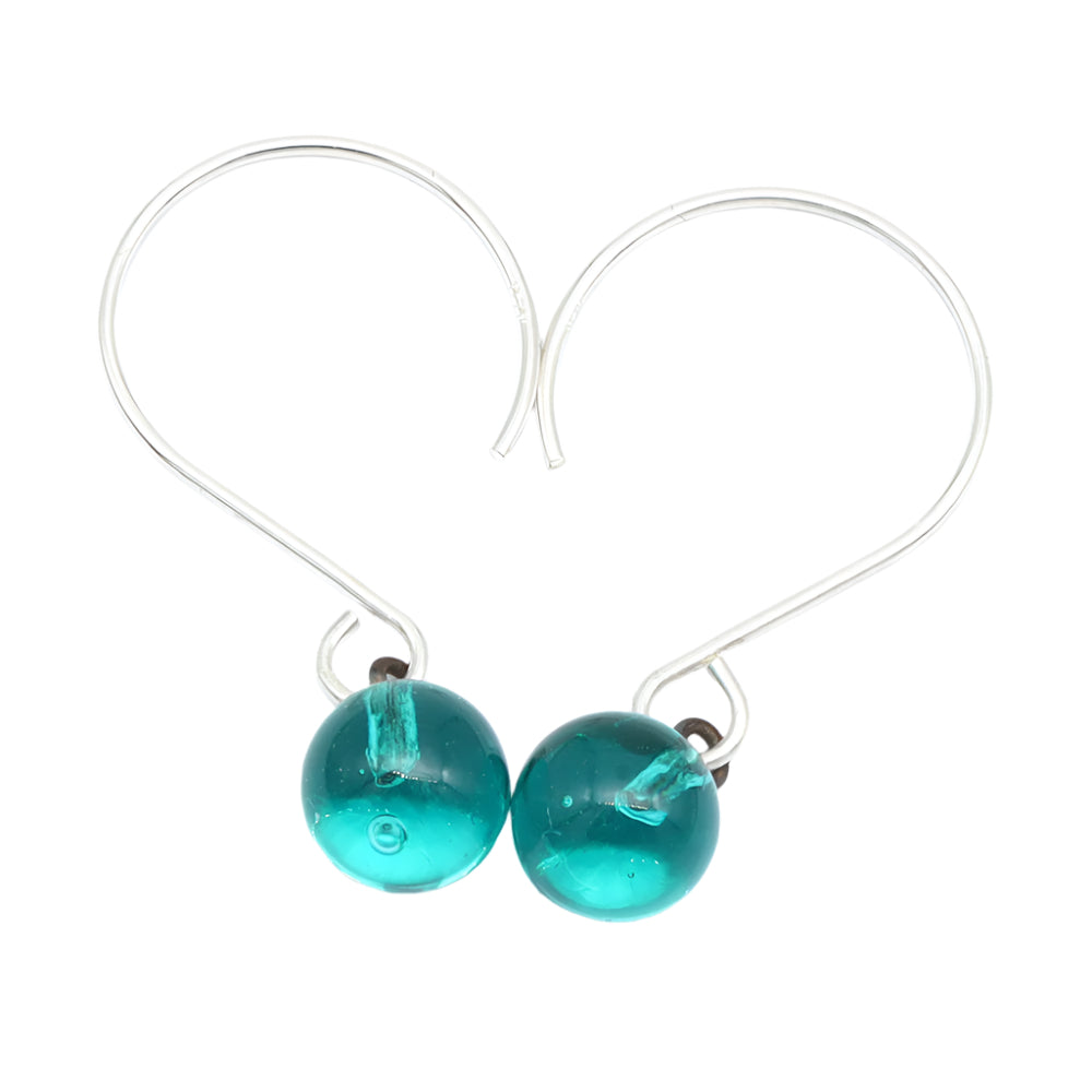Shiny Teal Tiny Ball Silver Hoop Earrings
