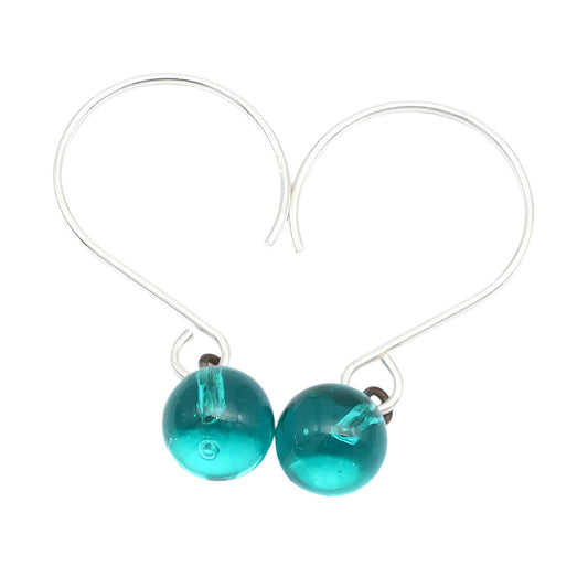 Shiny Teal Tiny Ball Silver Hoop Earrings