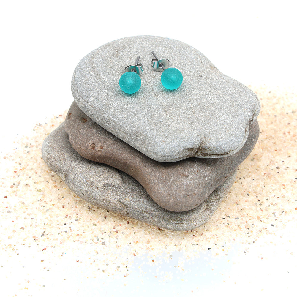 Frosted Transparent Teal Glass Stud Earrings