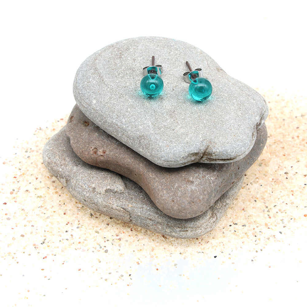 Shiny Transparent Teal Glass Stud Earrings