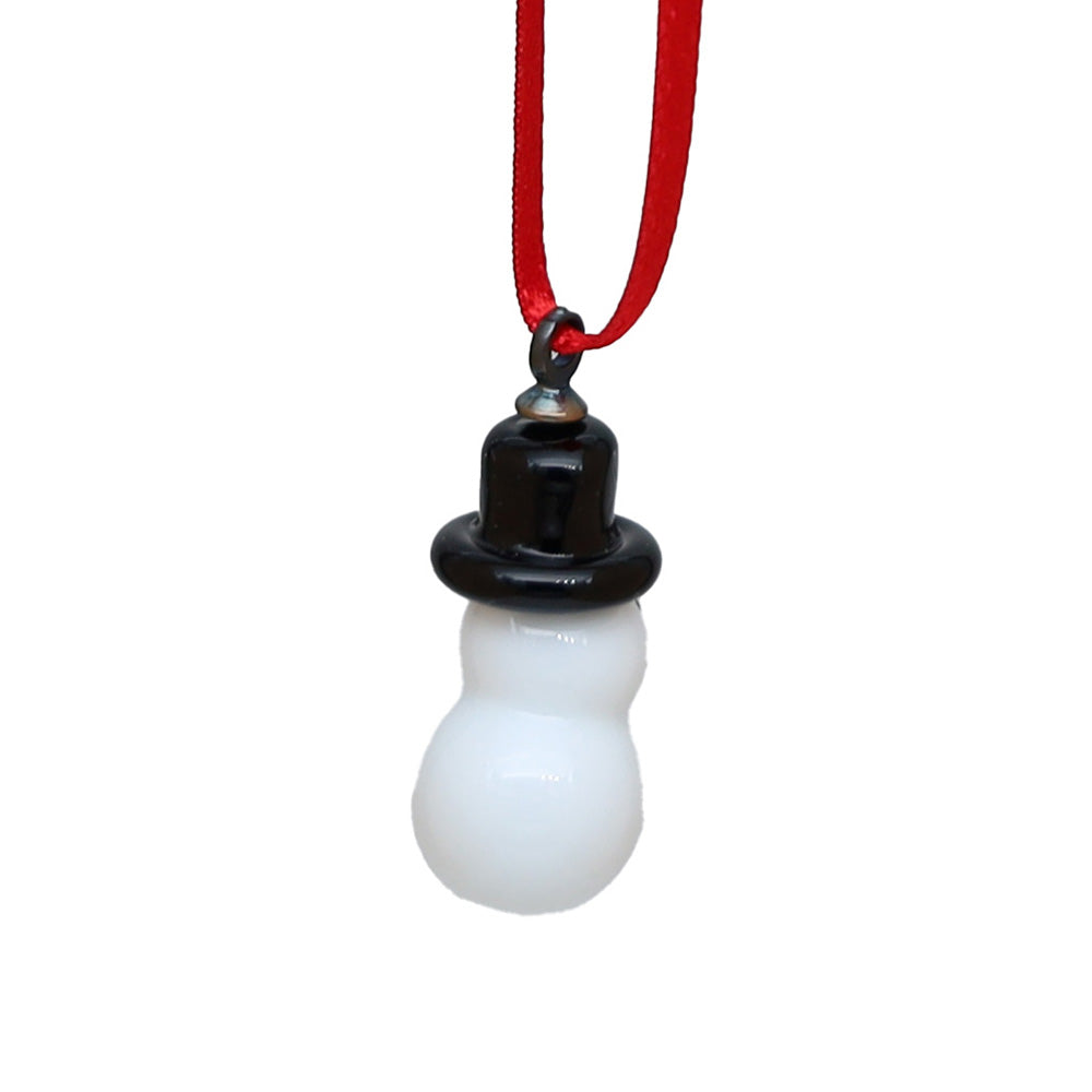 back view of glass snowman decoration on red ribbon.