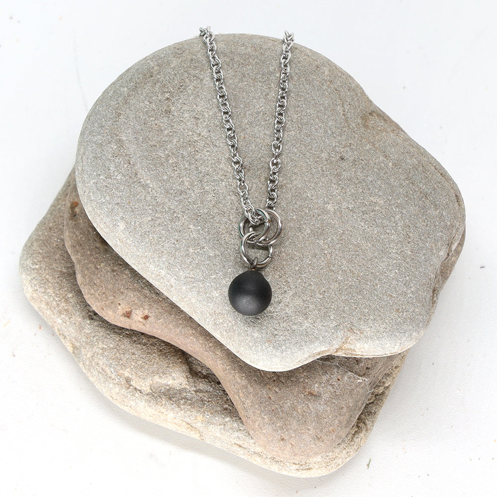 Frosted Black Ball Charm Stainless Steel Necklace