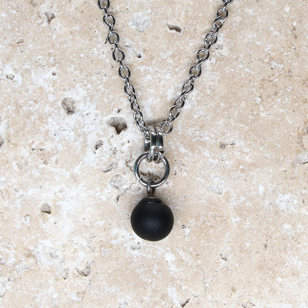 Frosted Black Ball Charm Stainless Steel Necklace