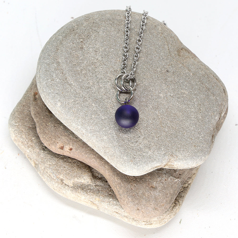 Frosted Dark Blue Ball Charm Stainless Steel Necklace