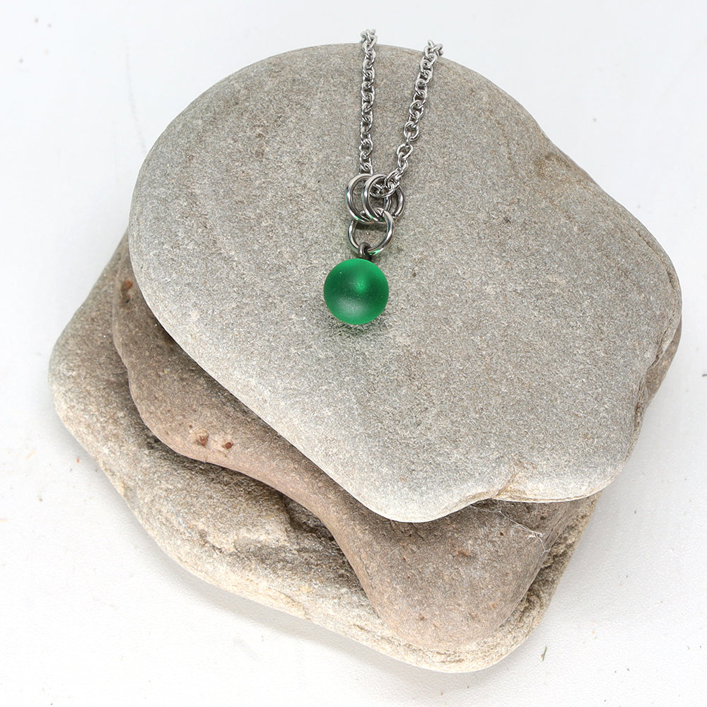 Frosted Green Ball Charm Stainless Steel Necklace