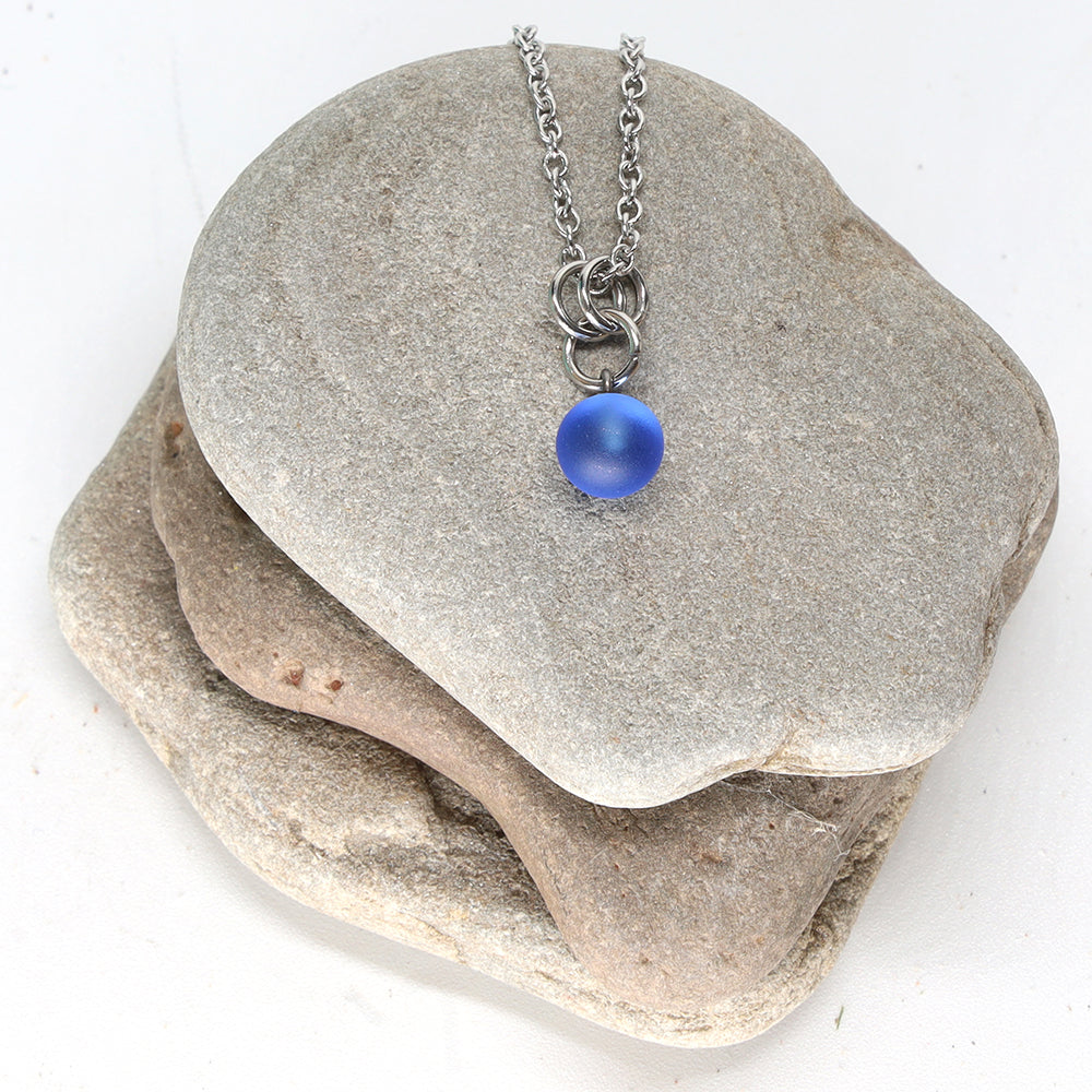 Frosted Mid Blue Ball Charm Stainless Steel Necklace