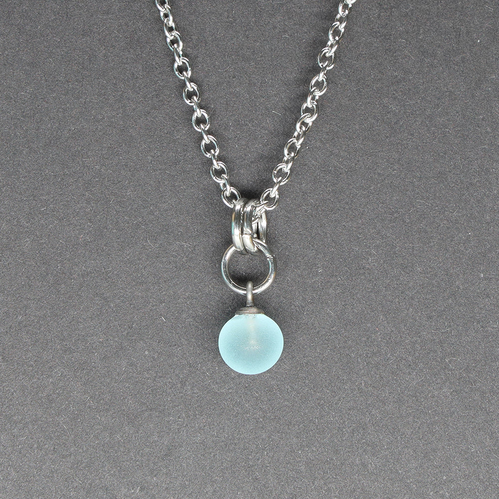 Frosted Pale Blue Ball Charm Stainless Steel Necklace