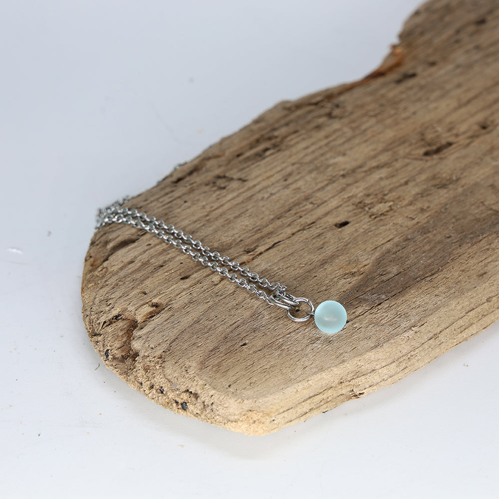 Frosted Pale Blue Ball Charm Stainless Steel Necklace