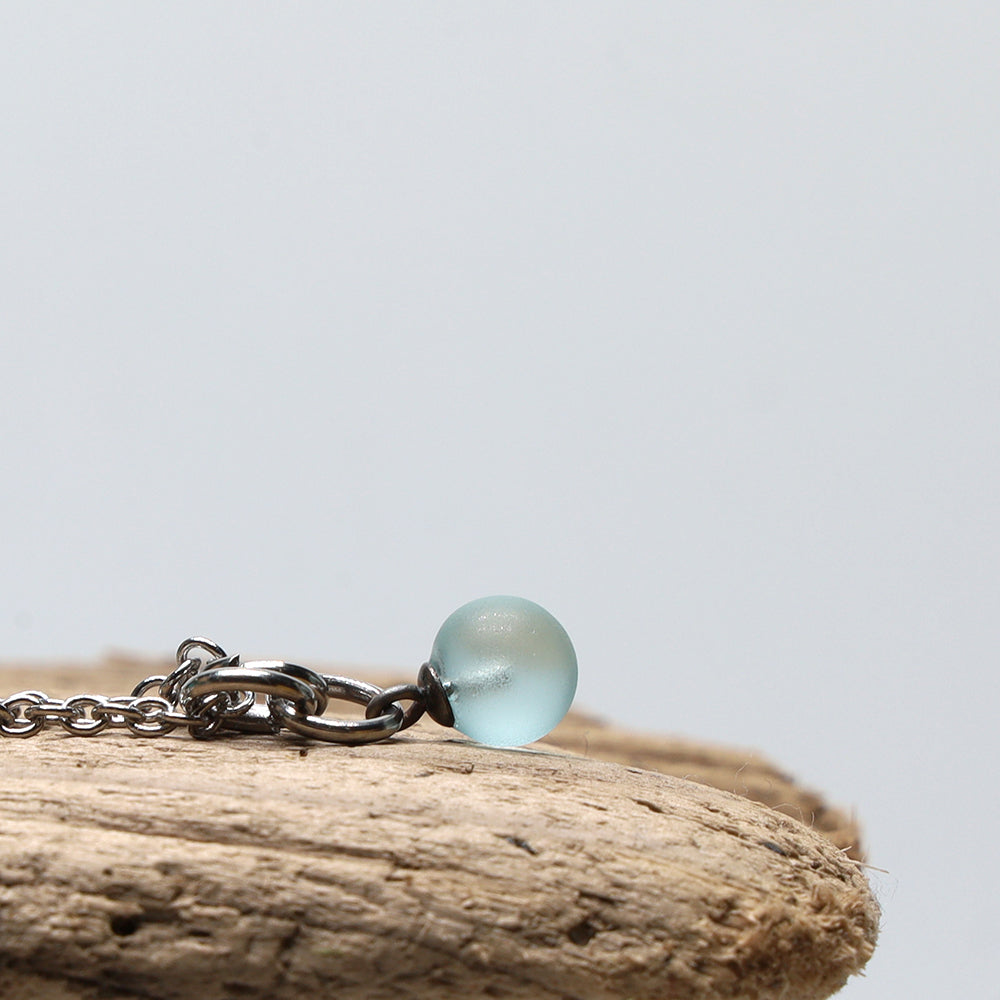 Frosted Pale Blue Ball Charm Stainless Steel Necklace