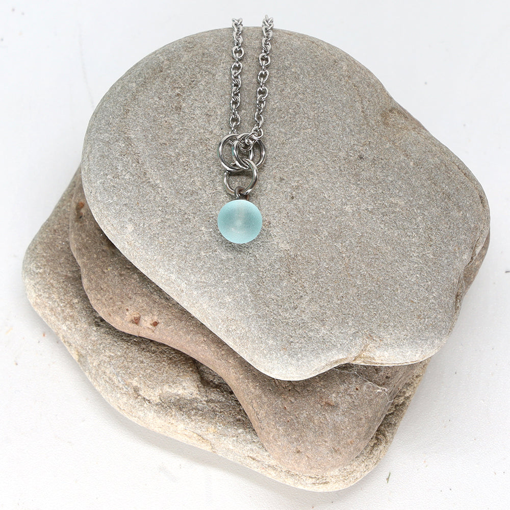 Frosted Pale Blue Ball Charm Stainless Steel Necklace