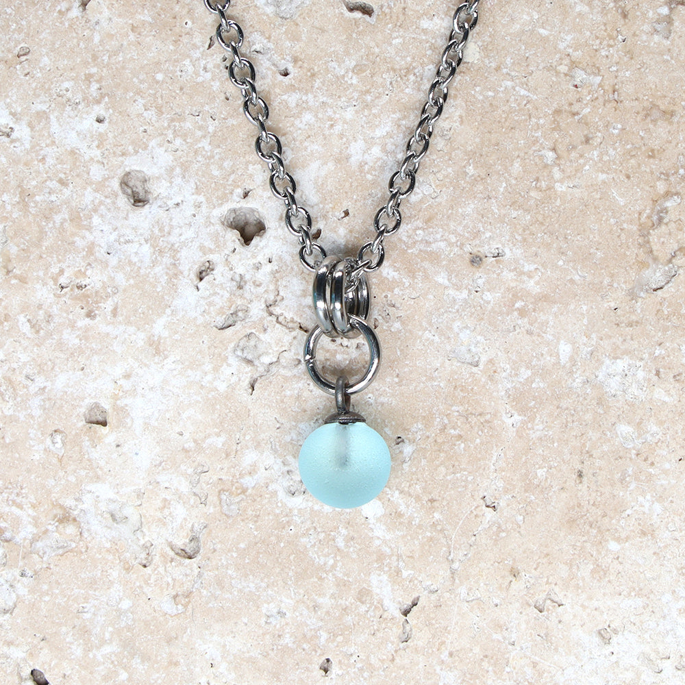 Frosted Pale Blue Ball Charm Stainless Steel Necklace