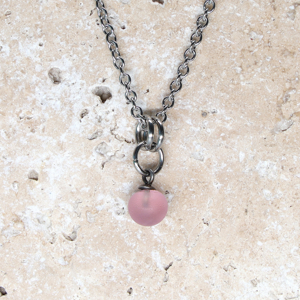 Frosted Pink Ball Charm Stainless Steel Necklace