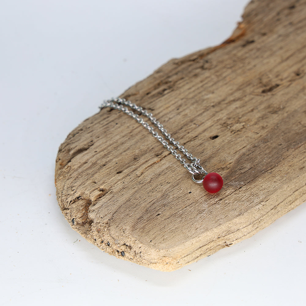 Frosted Red Ball Charm Stainless Steel Necklace