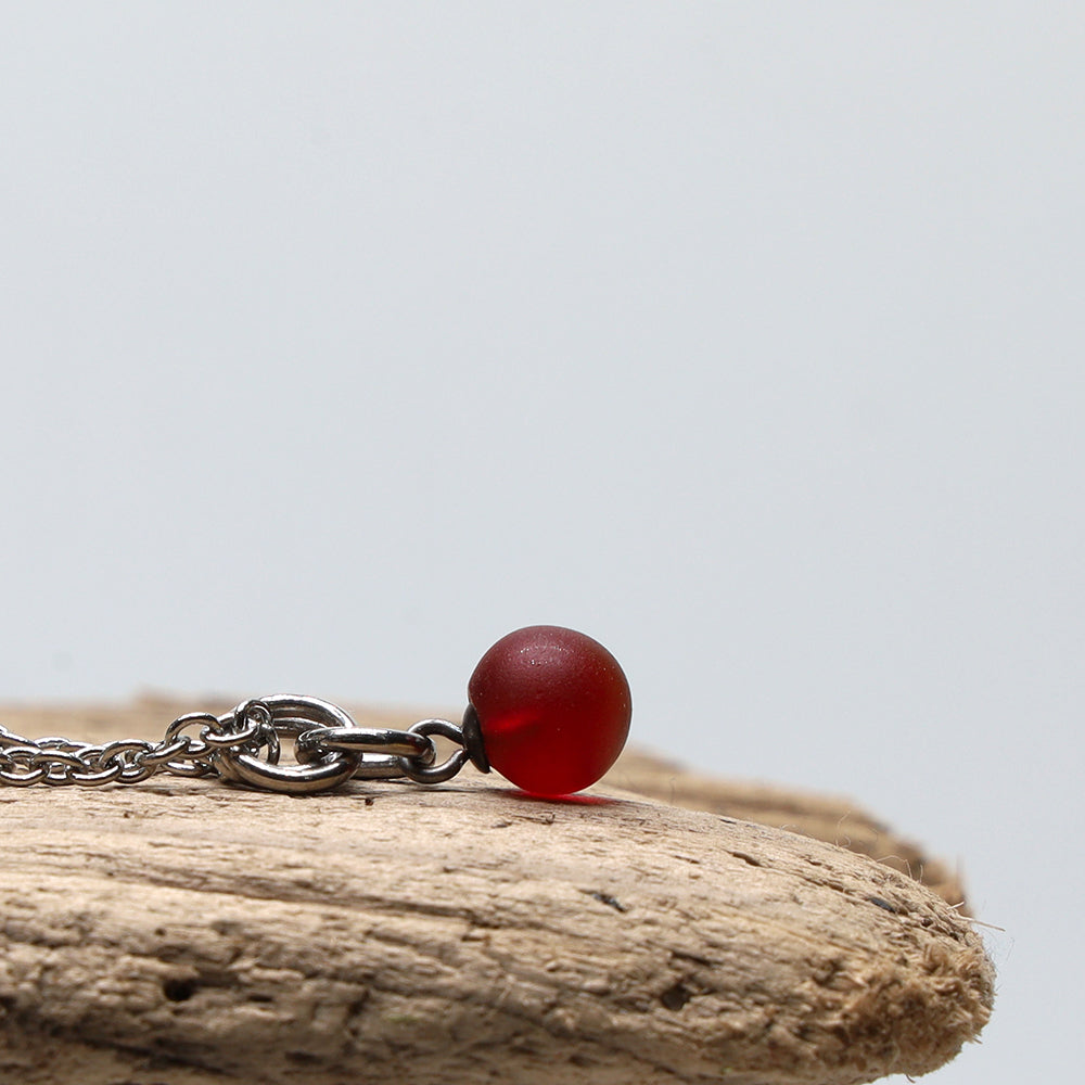 Frosted Red Ball Charm Stainless Steel Necklace