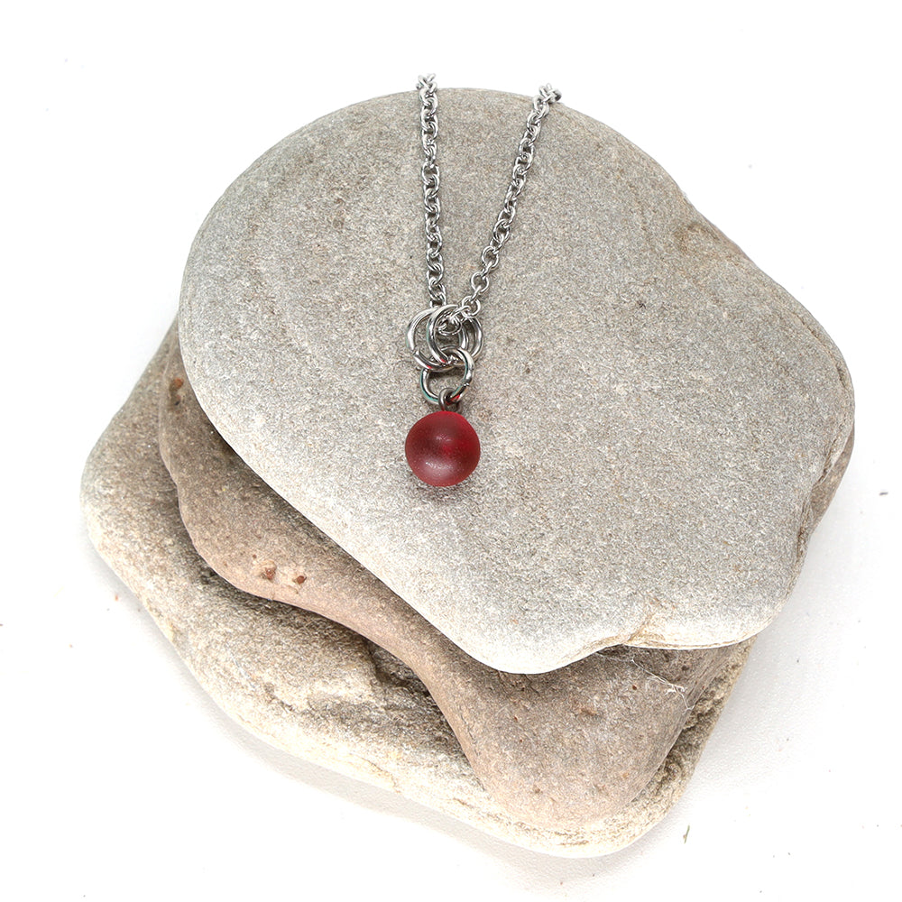 Frosted Red Ball Charm Stainless Steel Necklace