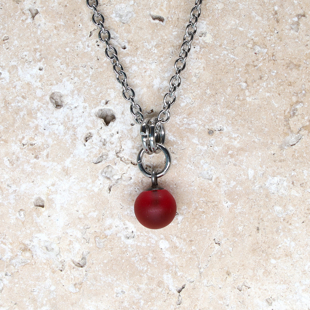 Frosted Red Ball Charm Stainless Steel Necklace