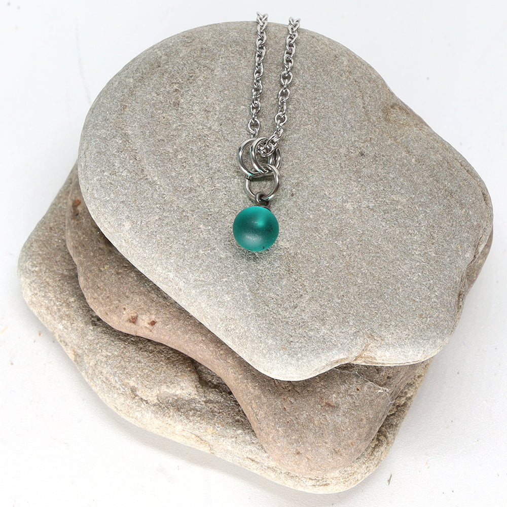 Frosted Teal Ball Charm Stainless Steel Necklace