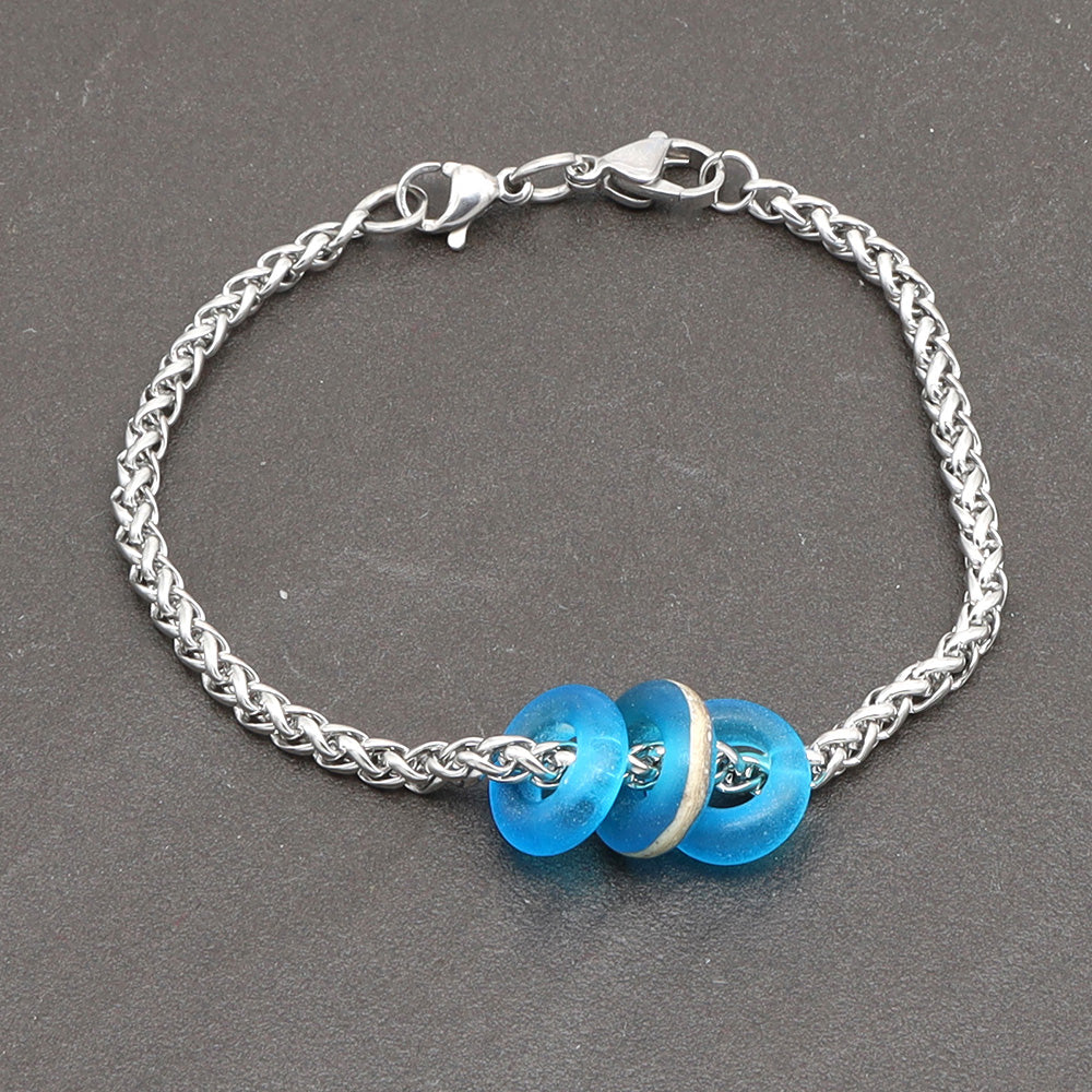 Bracelet with 3 Frosted Turquoise Transparent Glass Beads