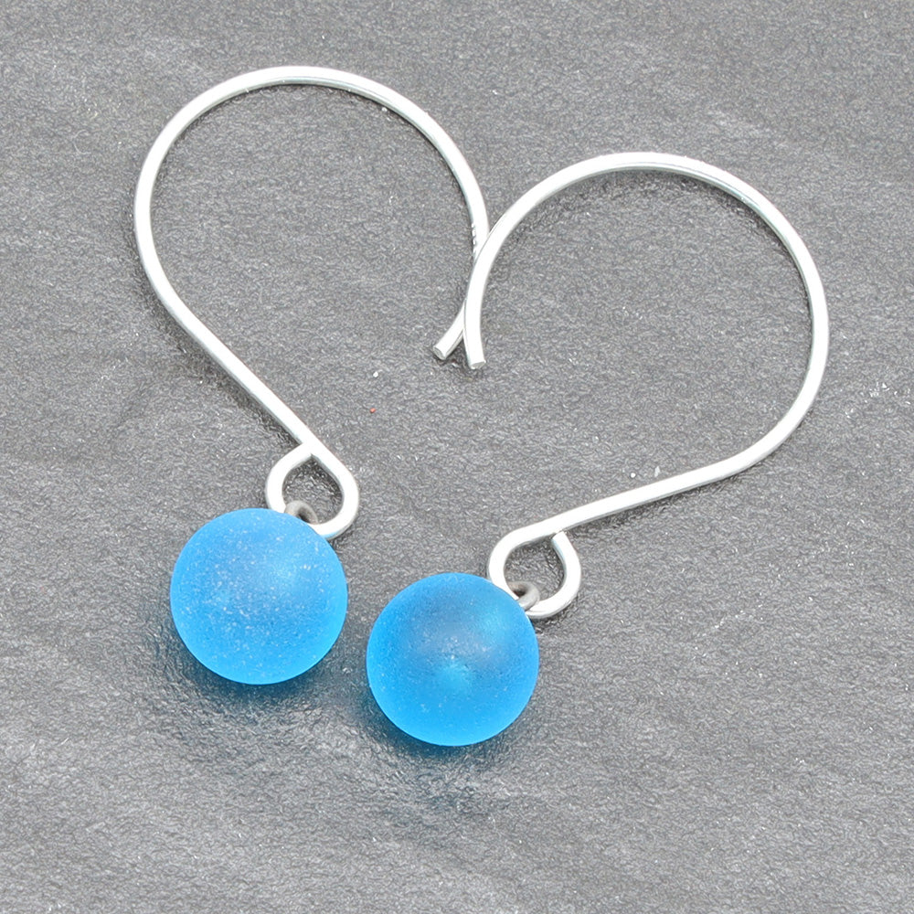 Frosted Turquoise Tiny Ball Silver Hoop Earrings