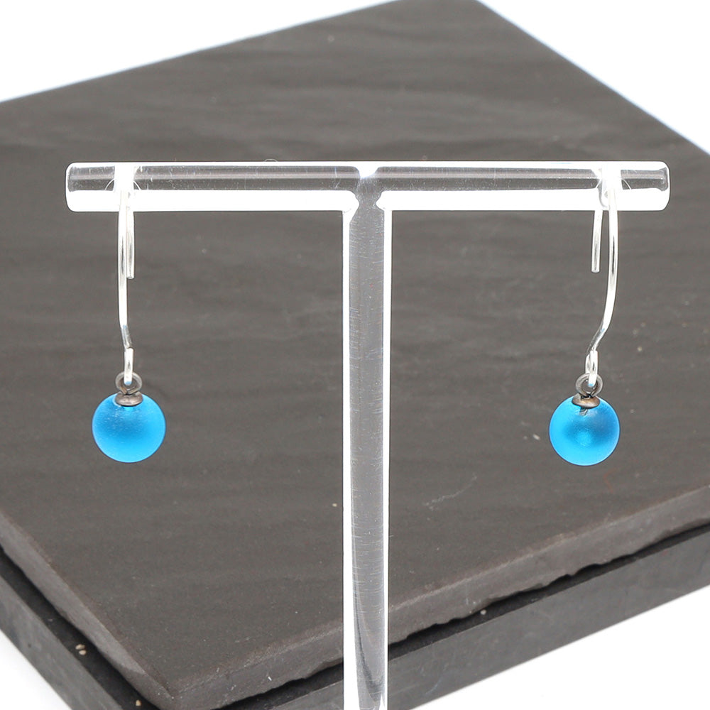 Frosted Turquoise Tiny Ball Silver Hoop Earrings