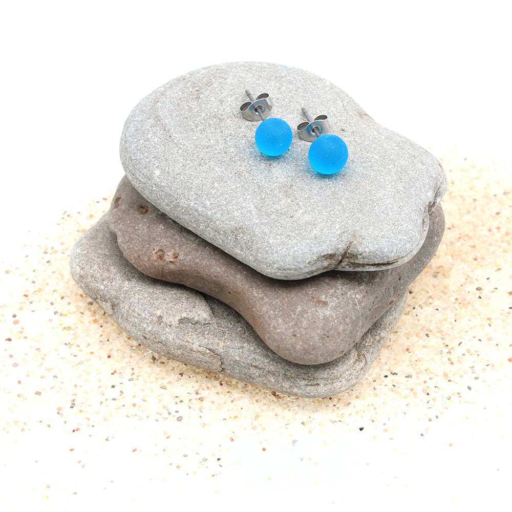 Frosted Transparent Turquoise Glass Stud Earrings