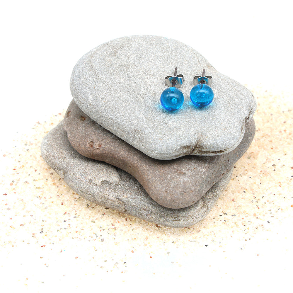 Shiny Transparent Turquoise Glass Stud Earrings