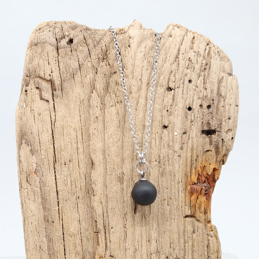 Frosted Black Sphere Charm Stainless Steel Necklace
