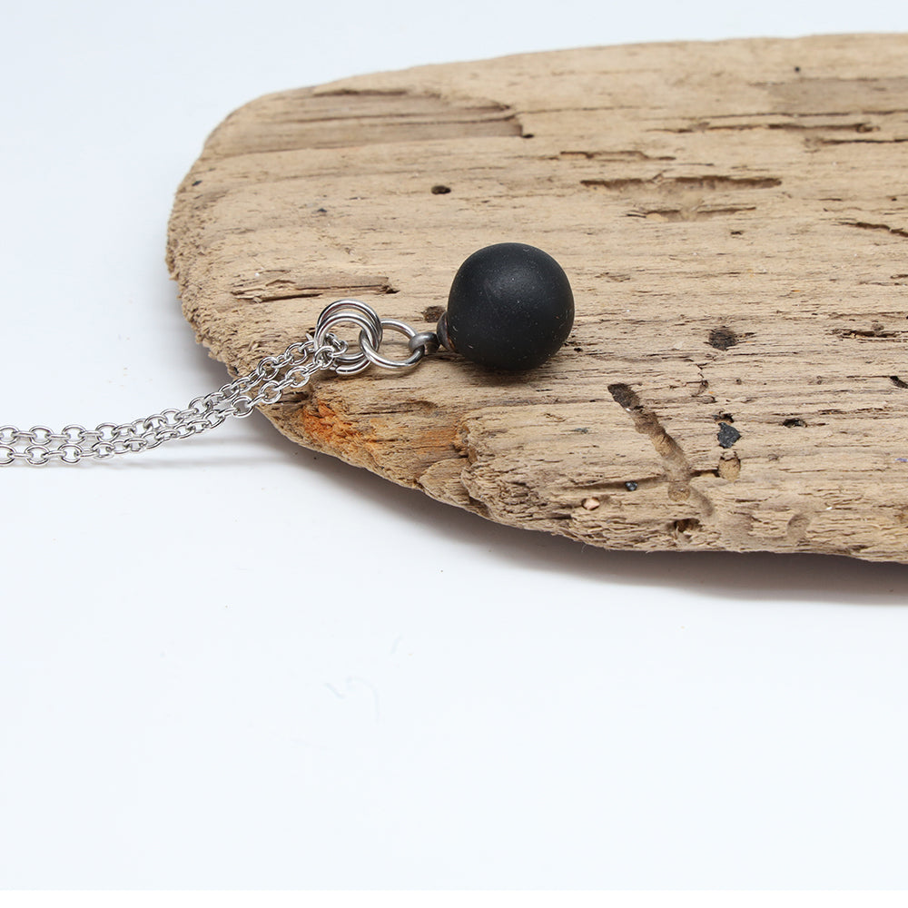 Frosted Black Sphere Charm Stainless Steel Necklace