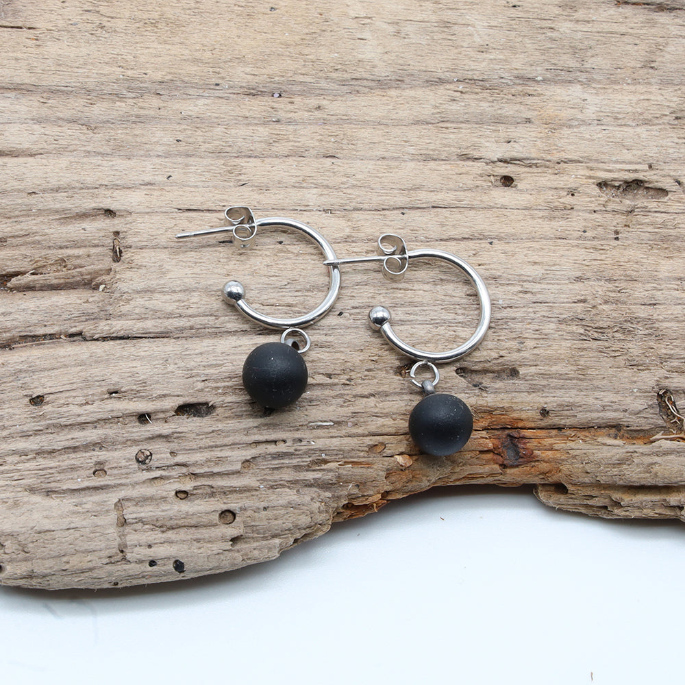 Frosted Black Glass Half Hoop Earrings