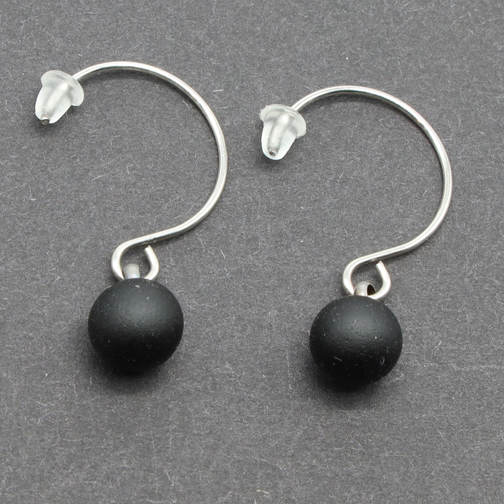 Frosted Black Glass Hook Earrings