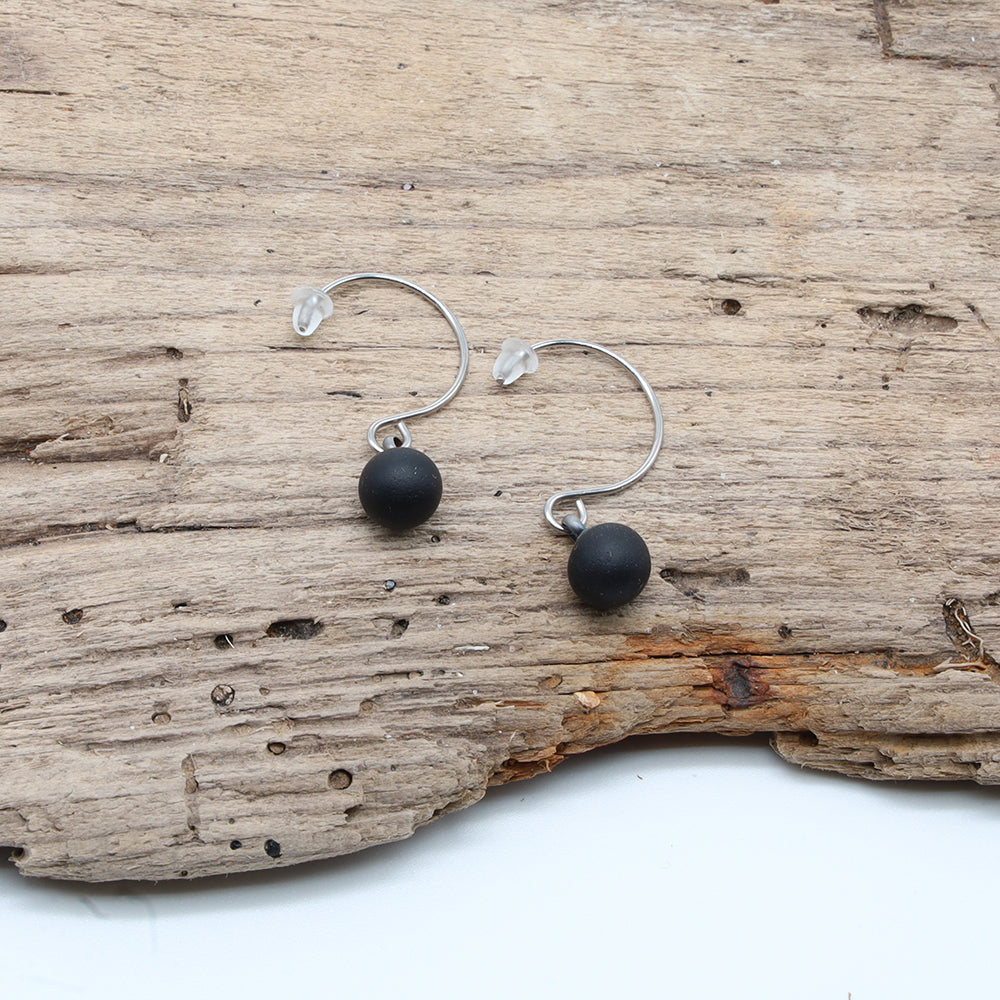 Frosted Black Glass Hook Earrings