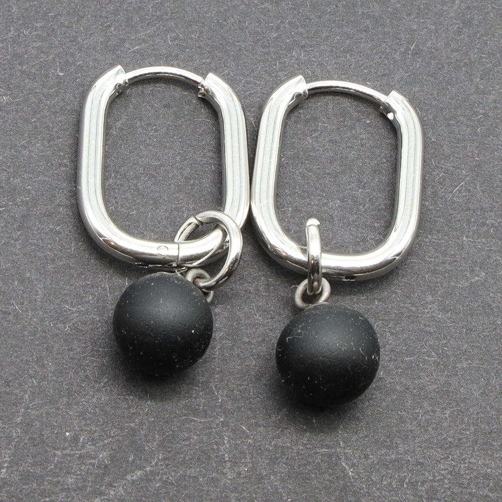 Frosted Black Glass Oval Hoop Earrings
