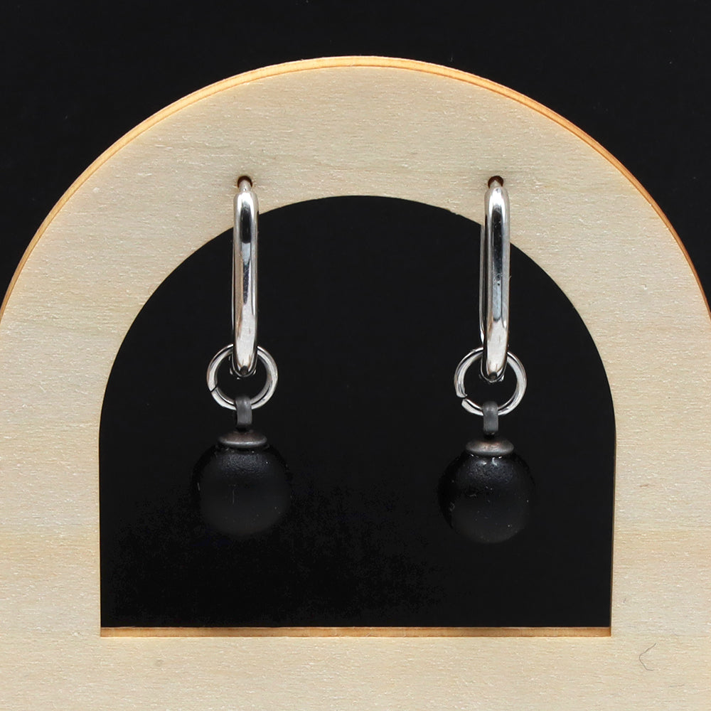 Frosted Black Glass Oval Hoop Earrings