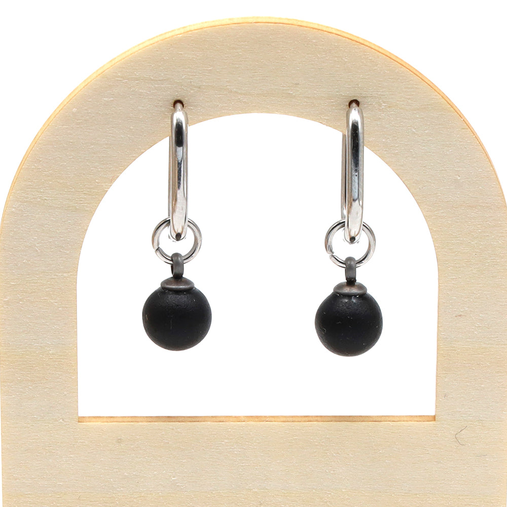 Frosted Black Glass Oval Hoop Earrings