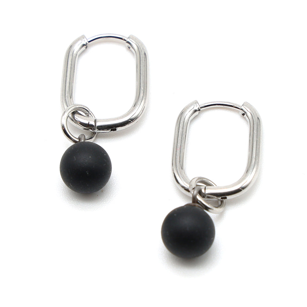 Frosted Black Glass Oval Hoop Earrings