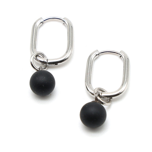 Frosted Black Glass Oval Hoop Earrings