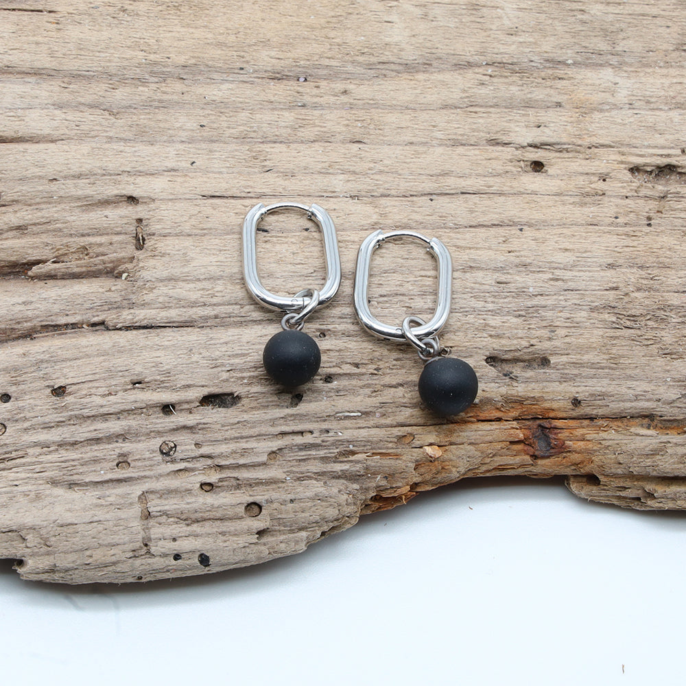 Frosted Black Glass Oval Hoop Earrings