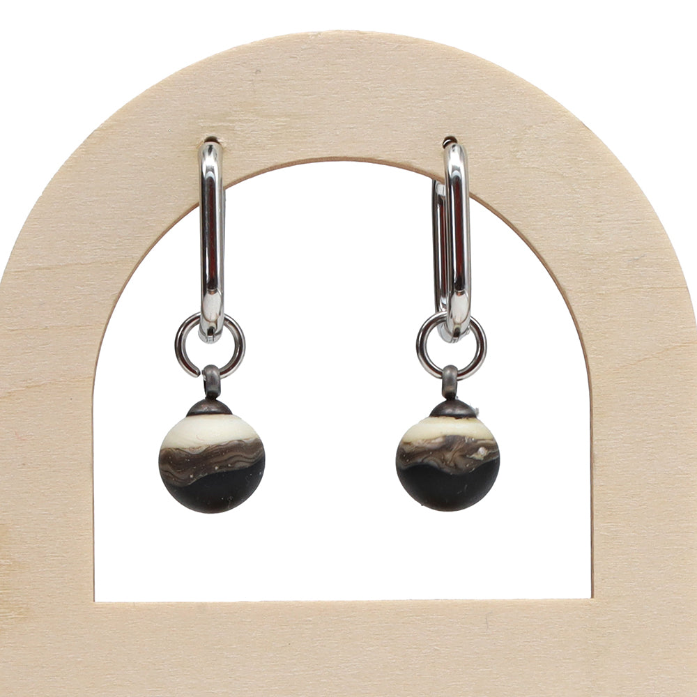 Frosted Black and Ivory Glass Oval Hoop Earrings