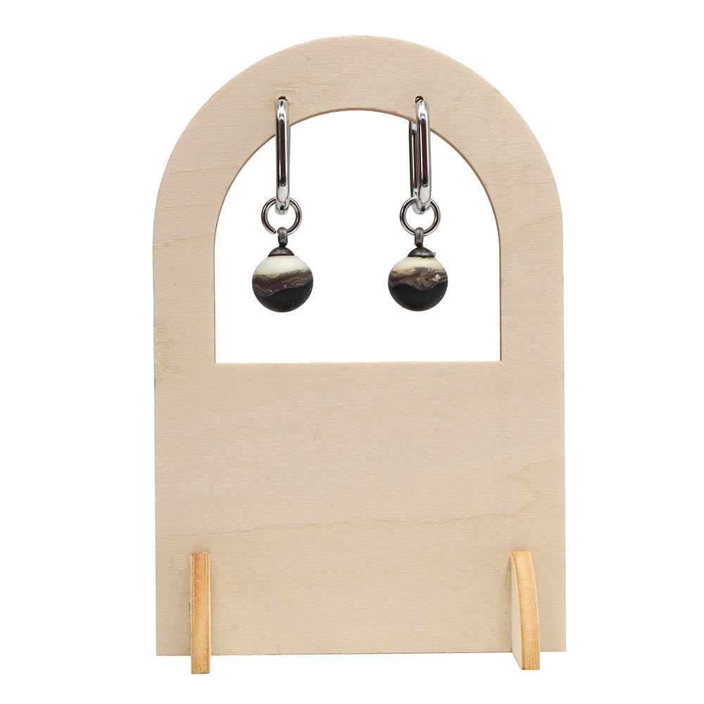 Frosted Black and Ivory Glass Oval Hoop Earrings