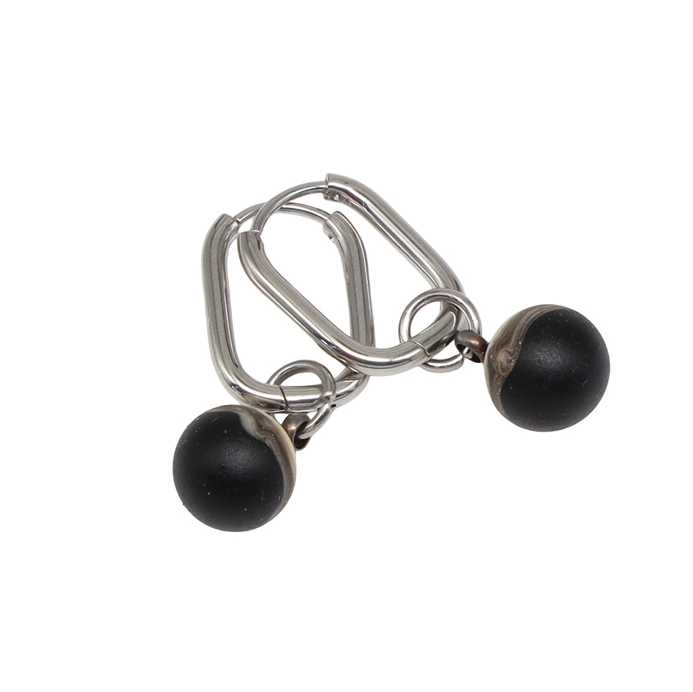 Frosted Black and Ivory Glass Oval Hoop Earrings